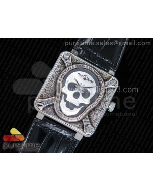 Bell & Ross BR01 Silver Case Burning Skull ‘Tattoo’ Watch Silver Dial on Black Leather Strap MIYOTA 9015