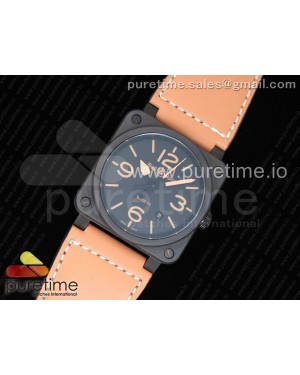 BR 03-92 Real Ceramic Case 1:1 Best Edition Black Dial Brown Markers on Brown Leather Strap MIYOTA 9015 (Free Nylon Strap)