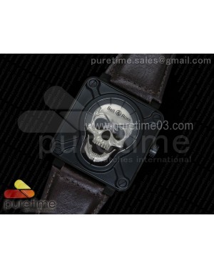 BR 01 PVD Silver Skull Dial on Brown Leather Strap A23J
