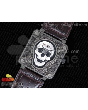 Bell & Ross BR01 Burning Skull ‘Tattoo’ Watch Silver Dial on Brown Leather Strap MIYOTA 9015